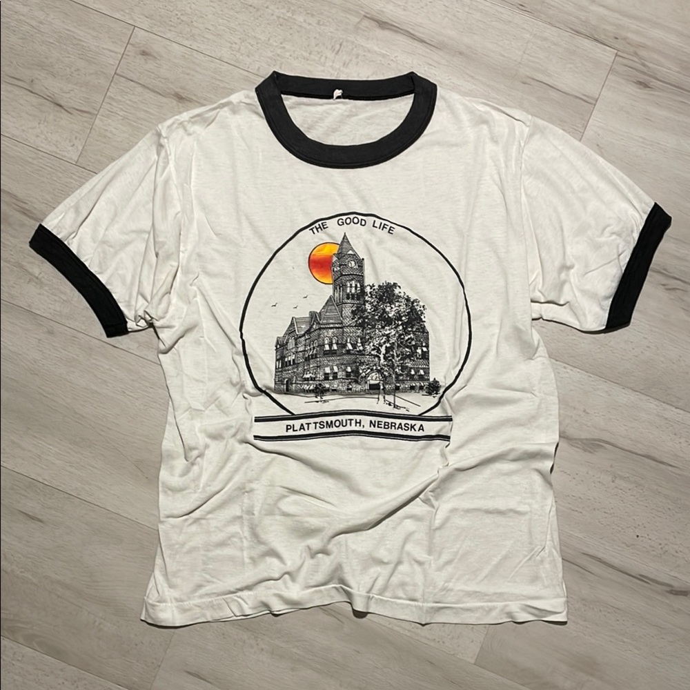 White and Black Vintage Graphic Ringer Tee